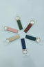 Six small rectangular keychain fobs in assorted colors, each in clear plastic packaging with a gold-tone key ring, arranged in a circle on a light background.