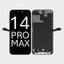 A replacement LCD screen and display assembly for a Samsung Galaxy 14 Pro Max, shown in two views: the front glass panel with black protective film and white text overlay, and the back panel showing the internal black and silver components.