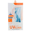 Mossily curved UV glass screen protector in its original retail packaging, featuring a white box with orange accents and a graphic of a smartphone with a blue and white patterned screen.
