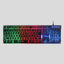 A compact mechanical gaming keyboard with RGB rainbow backlighting, featuring a numeric keypad and a small black control panel with four blue indicator lights on the top right, shown against a plain white background.