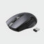 A dark gray wireless computer mouse with a vertical scroll wheel and a small USB receiver icon in the bottom right corner, on a plain white background.