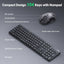 A black wireless keyboard and mouse set with labeled callouts and the text 'Compact Design 104 Keys with Numpad' at the top, shown on a dark blue background.