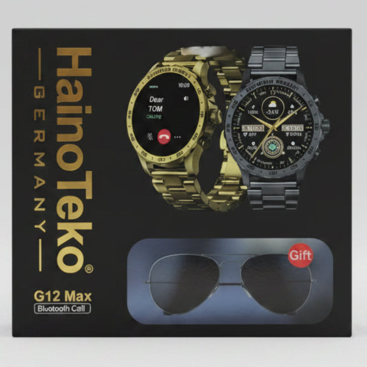 HainoTeko G12 Max Bluetooth Cell smartwatch box in German, featuring a black background with gold lettering and images of a gold and black watch plus sunglasses. الصورة الرئيسية