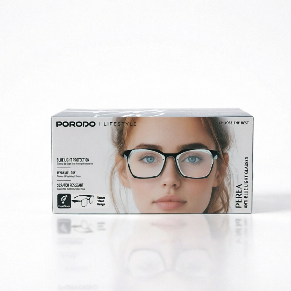 A boxed pair of eyeglasses frames from PoroDo Lifestyle, featuring a model wearing black frames on the front of the packaging, set against a clean white background with a soft reflection below. الصورة الرئيسية
