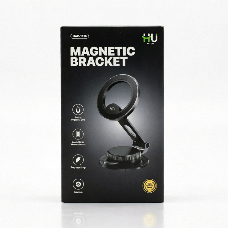The retail packaging box for a HU Mag Series Magnetic Bracket, shown on a clean white background with a subtle reflection underneath.