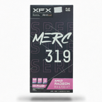 A vertical product box for XFX MERC 319 AMD Radeon RX 6700 XT, featuring a dark charcoal gray design with white and pink text accents, centered on a light gray background.