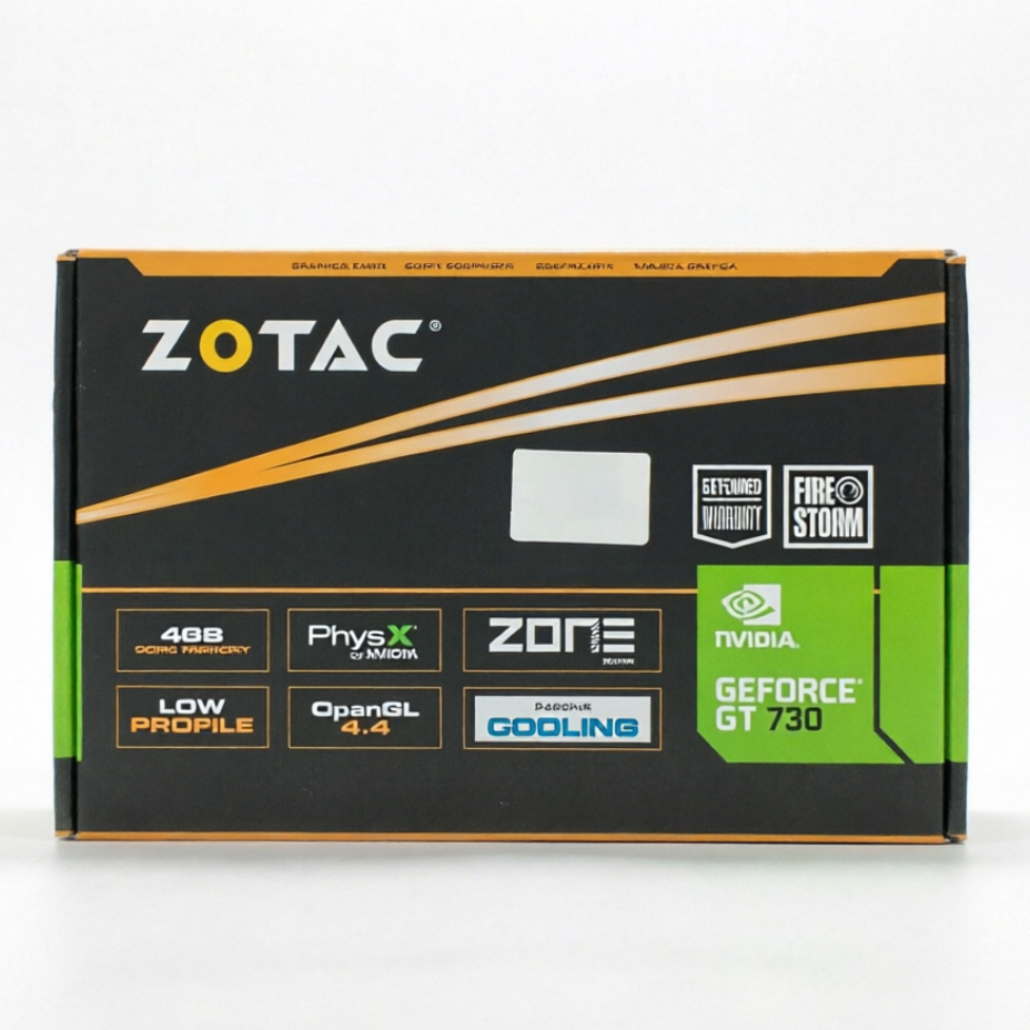 Zotac GeForce GT 750 4GB GDDR5 graphics card retail box, featuring a black and orange design with green accents and various feature badges. Main image
