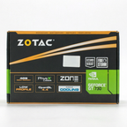 Zotac GeForce GT 750 4GB GDDR5 graphics card retail box, featuring a black and orange design with green accents and various feature badges.