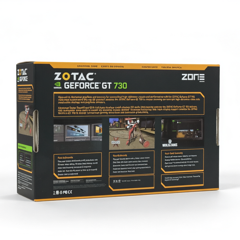 Zotac GeForce GT 730 graphics card retail packaging box, shown from a three-quarter angle on a clean white background.