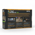 Zotac GeForce GT 730 graphics card retail packaging box, shown from a three-quarter angle on a clean white background.
