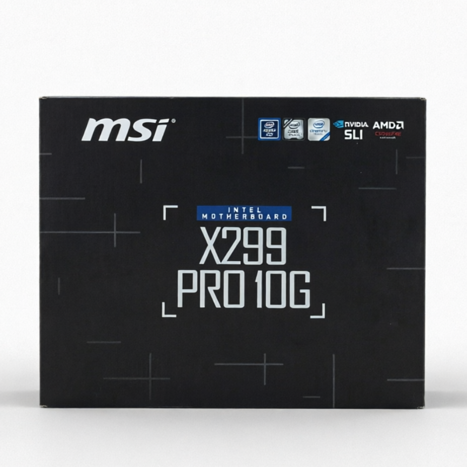 MSI X299 PRO 10G LGA1700 processor retail box in black with white and blue text, centered on a light gray background.