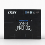 MSI X299 PRO 10G LGA1700 processor retail box in black with white and blue text, centered on a light gray background.
