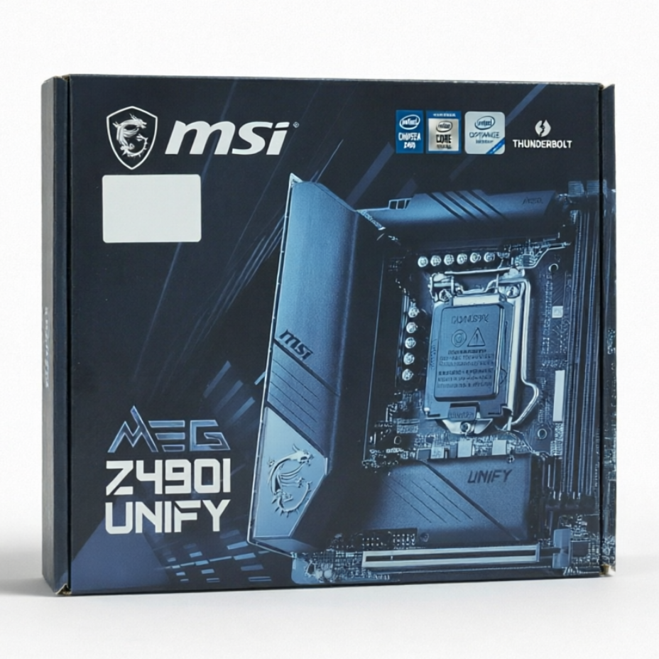 MSI AEG Z490D1 Unify motherboard retail box, featuring a dark blue and black design with a graphic of the motherboard inside, shown on a clean white background.