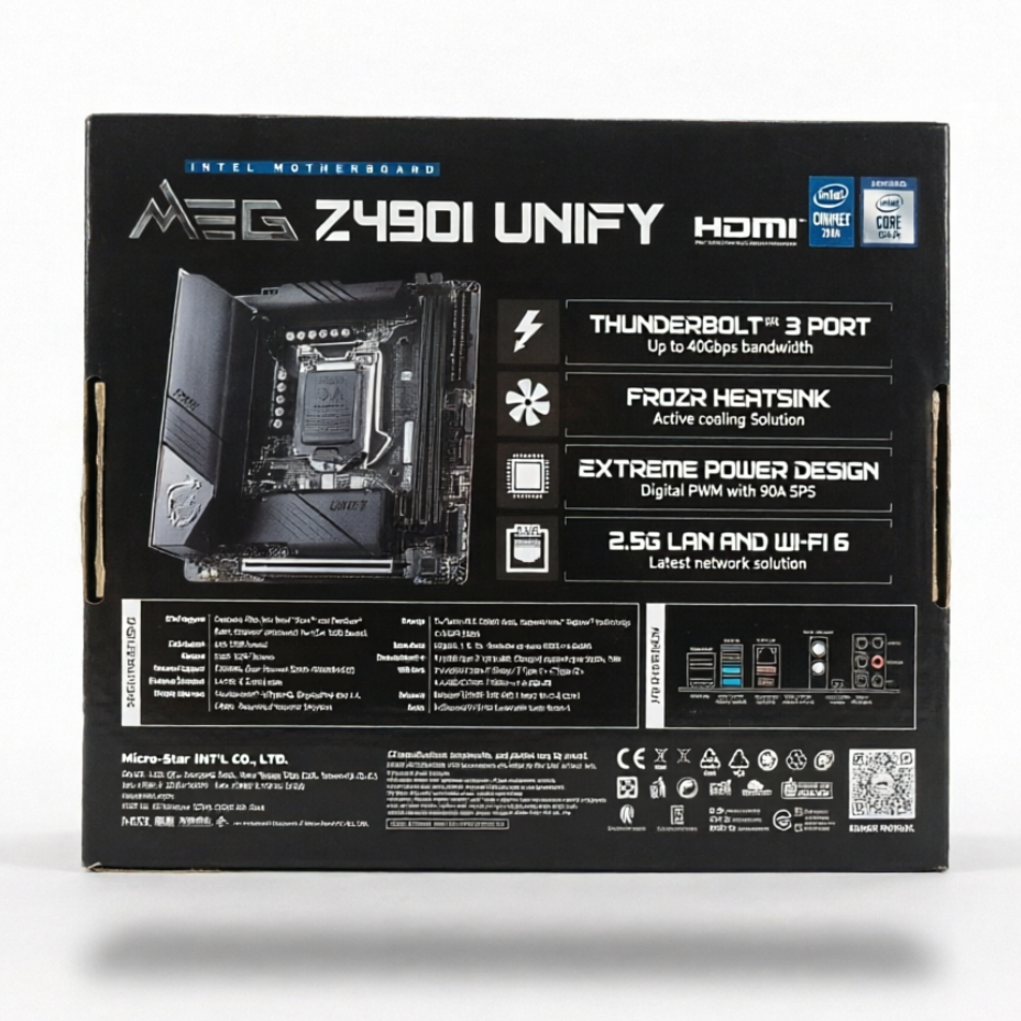 Intel Core Ultra Z4900I Unify HDMI motherboard retail box shown from the back, featuring product specifications, a motherboard product image, and feature callouts on a clean white background.