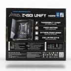 Intel Core Ultra Z4900I Unify HDMI motherboard retail box shown from the back, featuring product specifications, a motherboard product image, and feature callouts on a clean white background.