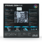 The back of the ASUS Prime Z590M-Plus motherboard retail packaging box, featuring technical specifications, a motherboard layout diagram, and feature callouts on a white background.