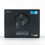 MSI Z590 PLUS LGA1700 processor retail box in black, featuring a geometric logo and blue Intel and AMD branding, set against a plain white background.