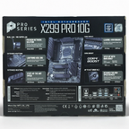 The back of the retail packaging box for the MSI PRO SERIES X299 PRO 10G motherboard, displayed on a clean white background with a soft shadow.
