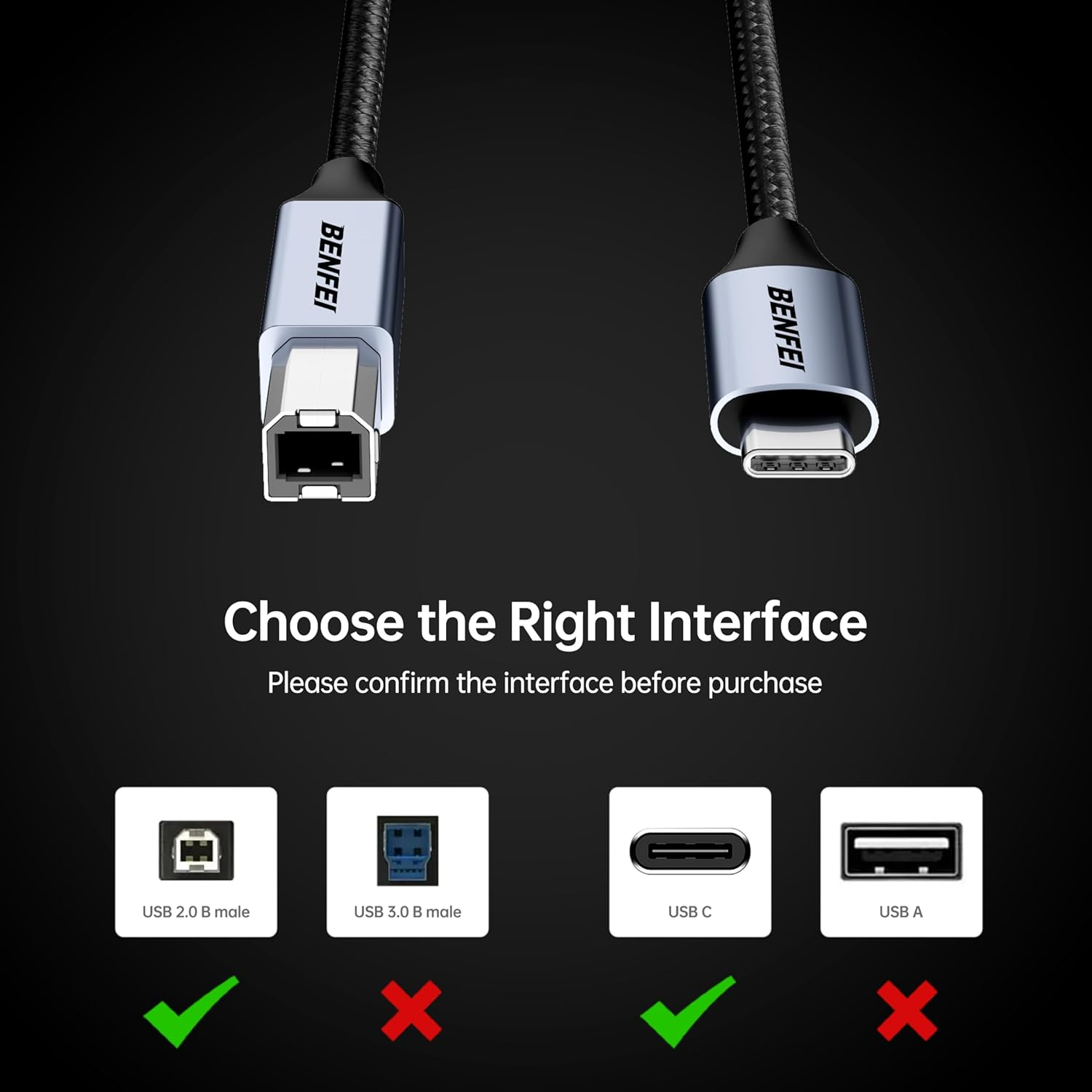 BENFEI USB C TO USB B PRINTER CABLE - 6.6FT/2M صورة ثانوية