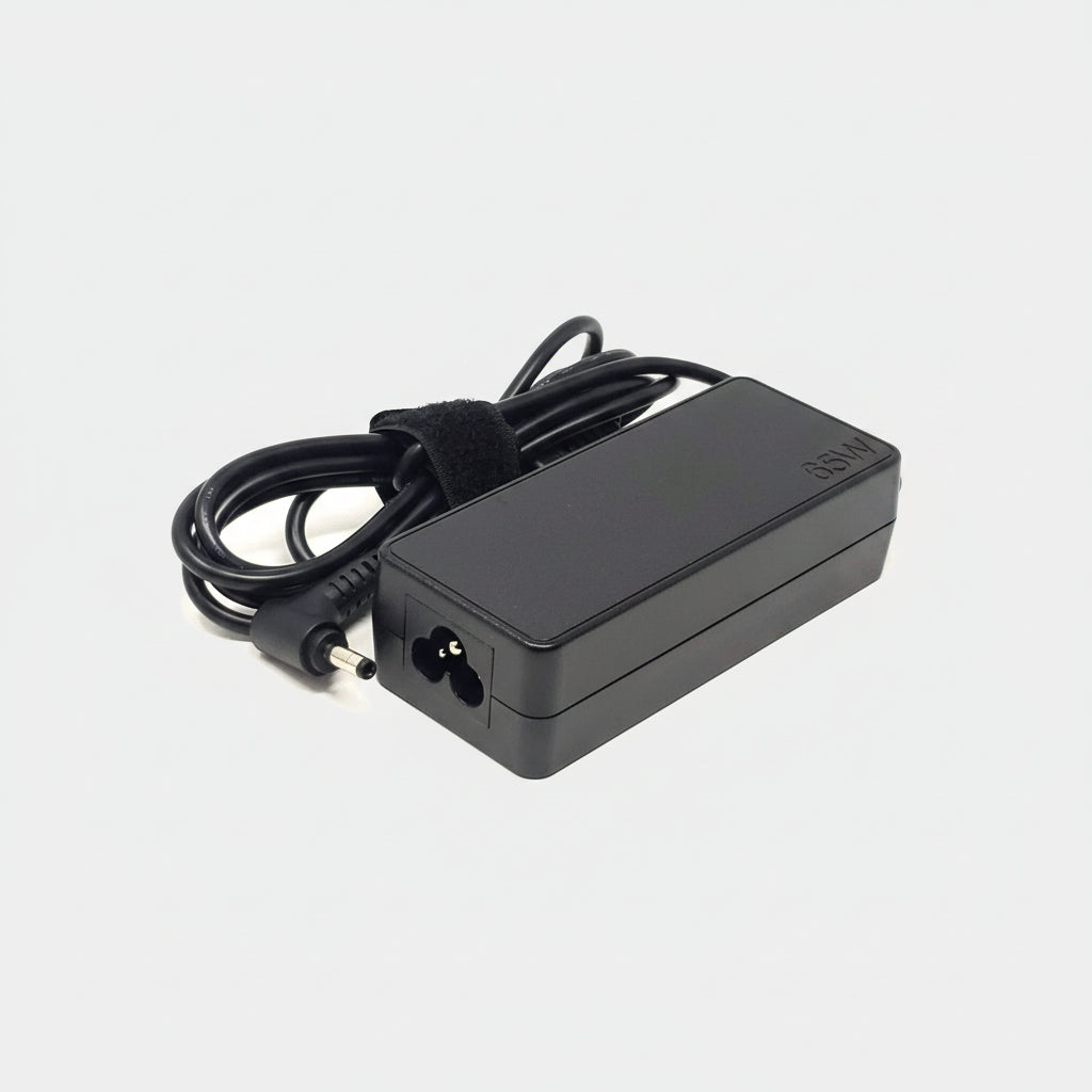 A black 35W laptop power adapter with a coiled black cable secured by a black velcro strap, shown on a plain white background. الصورة الرئيسية