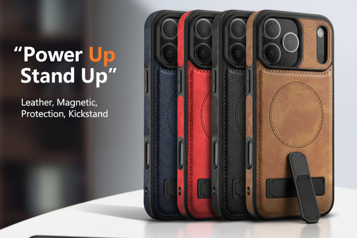Four leather-look magnetic phone cases in navy, red, black, and brown are shown standing upright on a white surface. The cases have a kickstand feature and are displayed against a blurred dark background with promotional text on the left. الصورة الرئيسية