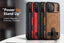 Four leather-look magnetic phone cases in navy, red, black, and brown are shown standing upright on a white surface. The cases have a kickstand feature and are displayed against a blurred dark background with promotional text on the left.