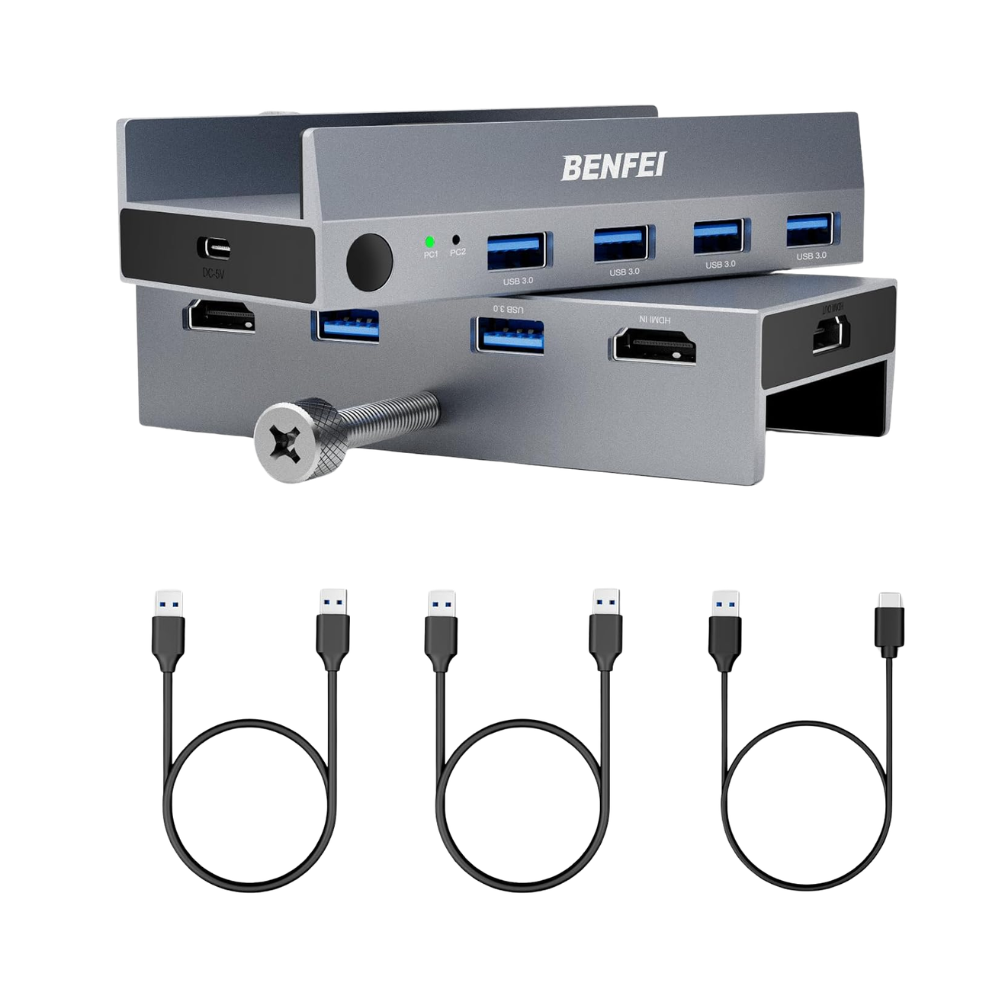 A BENFEI desktop hub shown in two stacked positions on a white background, with three black USB-C to USB-A cables below. The hub is metallic silver with black accents and blue USB ports.