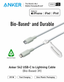 Anker 542 USB-C to Lightning cable product graphic on a white background, showing the cable, connector ends, a loop tag, and text including 'Bio-Based and Durable,' 'Made for iPhone | iPad | iPod,' and 'Series 5.'.