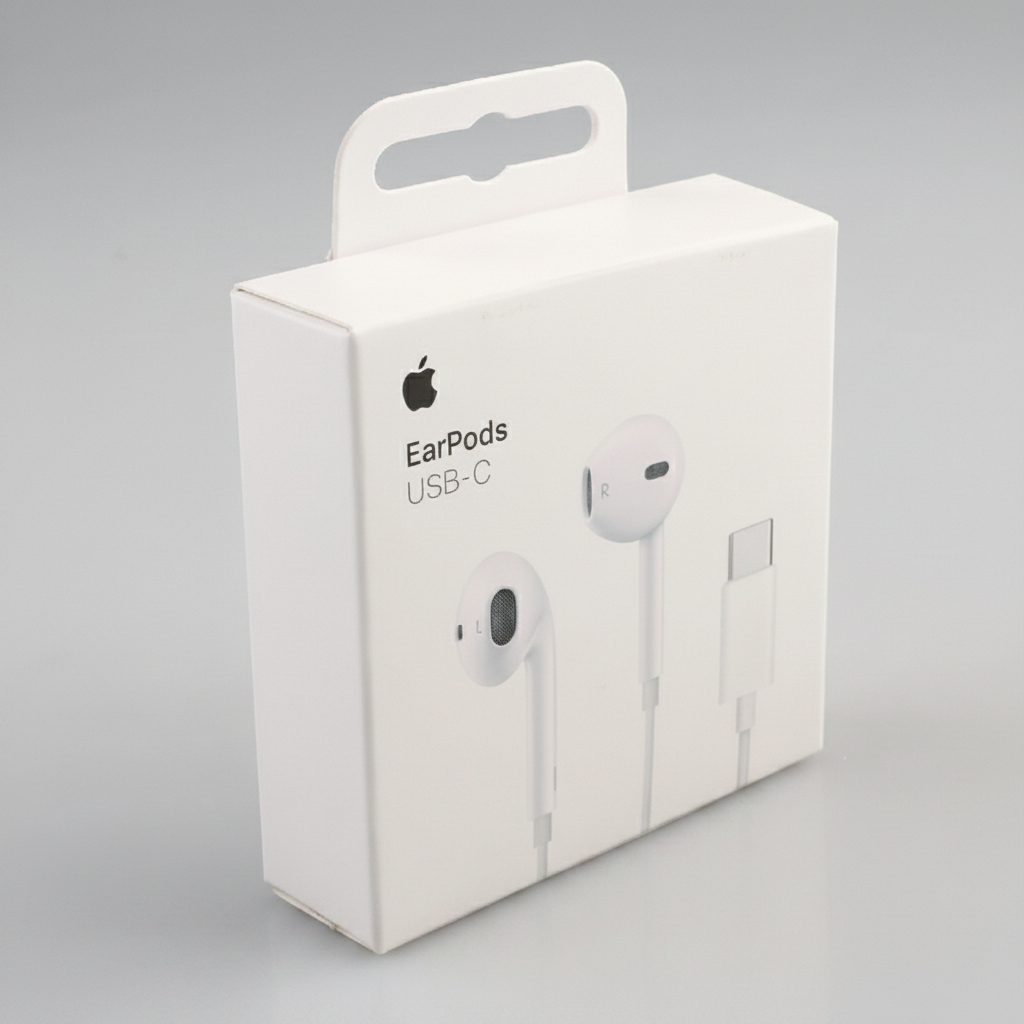 Apple EarPods USB-C retail packaging box shown at a three-quarter angle on a light gray background.