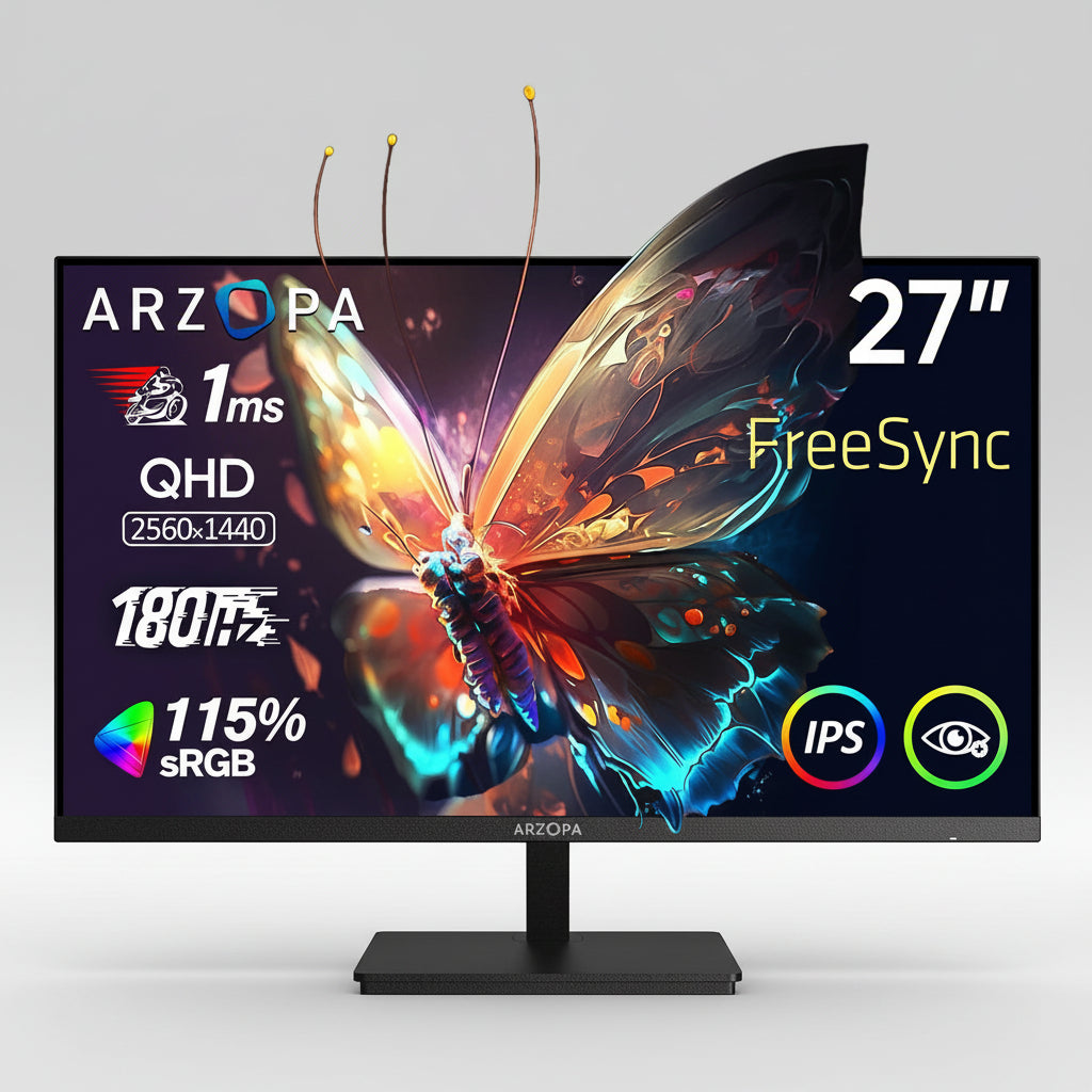A 27-inch ARZOPA FreeSync QHD monitor with a black stand, shown on a white background. The screen displays a colorful butterfly graphic with various product specifications and feature badges overlaid on the left and right sides.