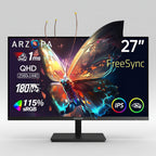 A 27-inch ARZOPA FreeSync QHD monitor with a black stand, shown on a white background. The screen displays a colorful butterfly graphic with various product specifications and feature badges overlaid on the left and right sides.