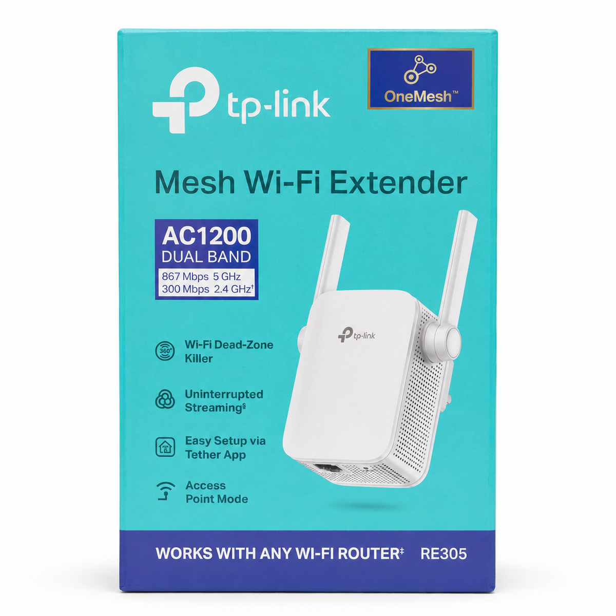 TP-Link Mesh Wi-Fi Extender AC1200 dual-band router package in a bright teal box with a blue bottom band, showing the white extender and OneMesh branding. الصورة الرئيسية