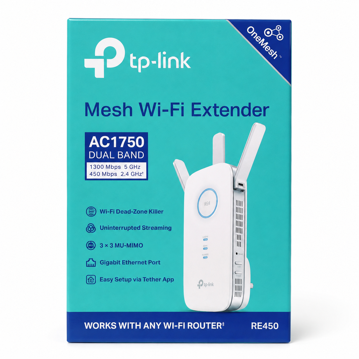 TP-Link Mesh Wi-Fi Extender AC1750 dual band retail packaging box, featuring a teal and blue design with product details and an illustration of the white extender with antennas. الصورة الرئيسية