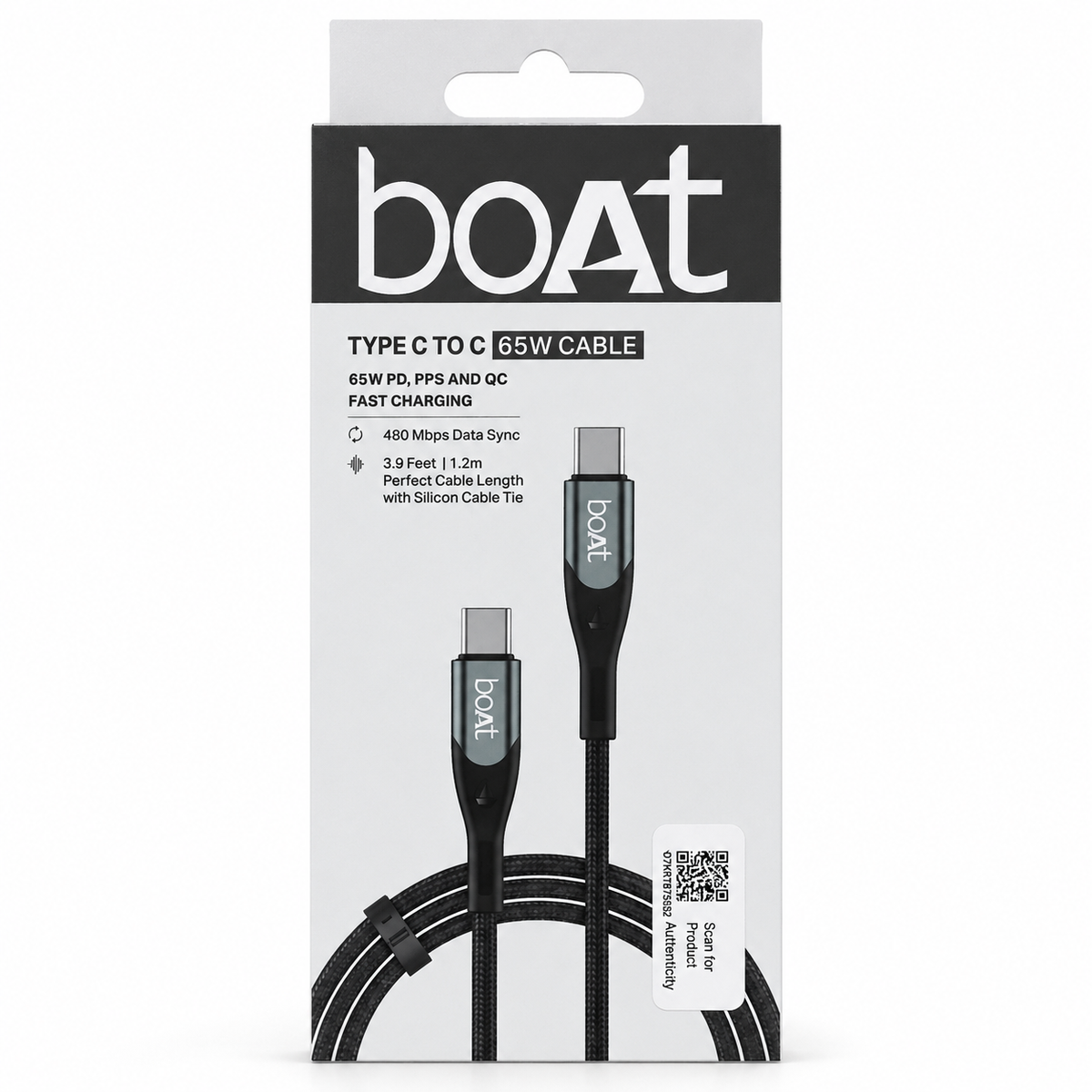 boAt USB-C to USB-C Fast Charging Cable 65W 1.2m - Black