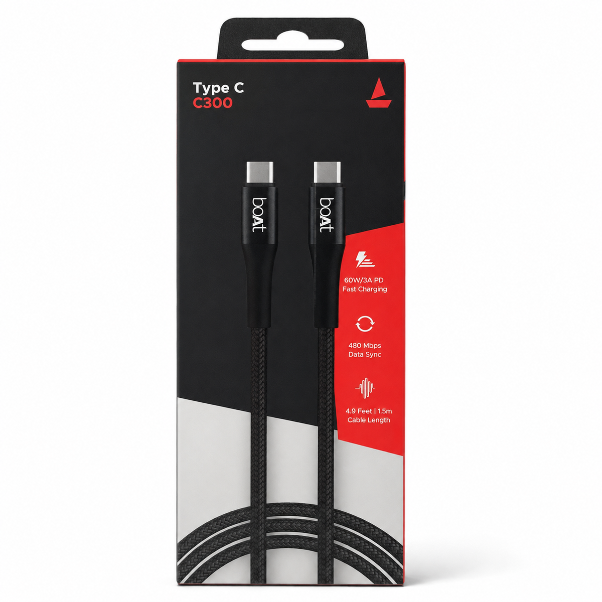 boAt Type-C C300 Fast Charging Cable 60W 1.5m - Black الصورة الرئيسية