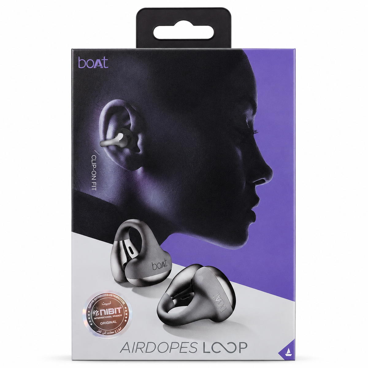 Boat Airdopes Loop clip-on earbud retail packaging, featuring a purple and white box with a side profile of a woman wearing the earbud and two metallic gray earbuds shown on the front. الصورة الرئيسية