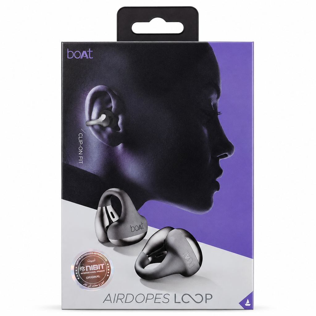 Boat Airdopes Loop clip-on earbud retail packaging, featuring a purple and white box with a side profile of a woman wearing the earbud and two metallic gray earbuds shown on the front.