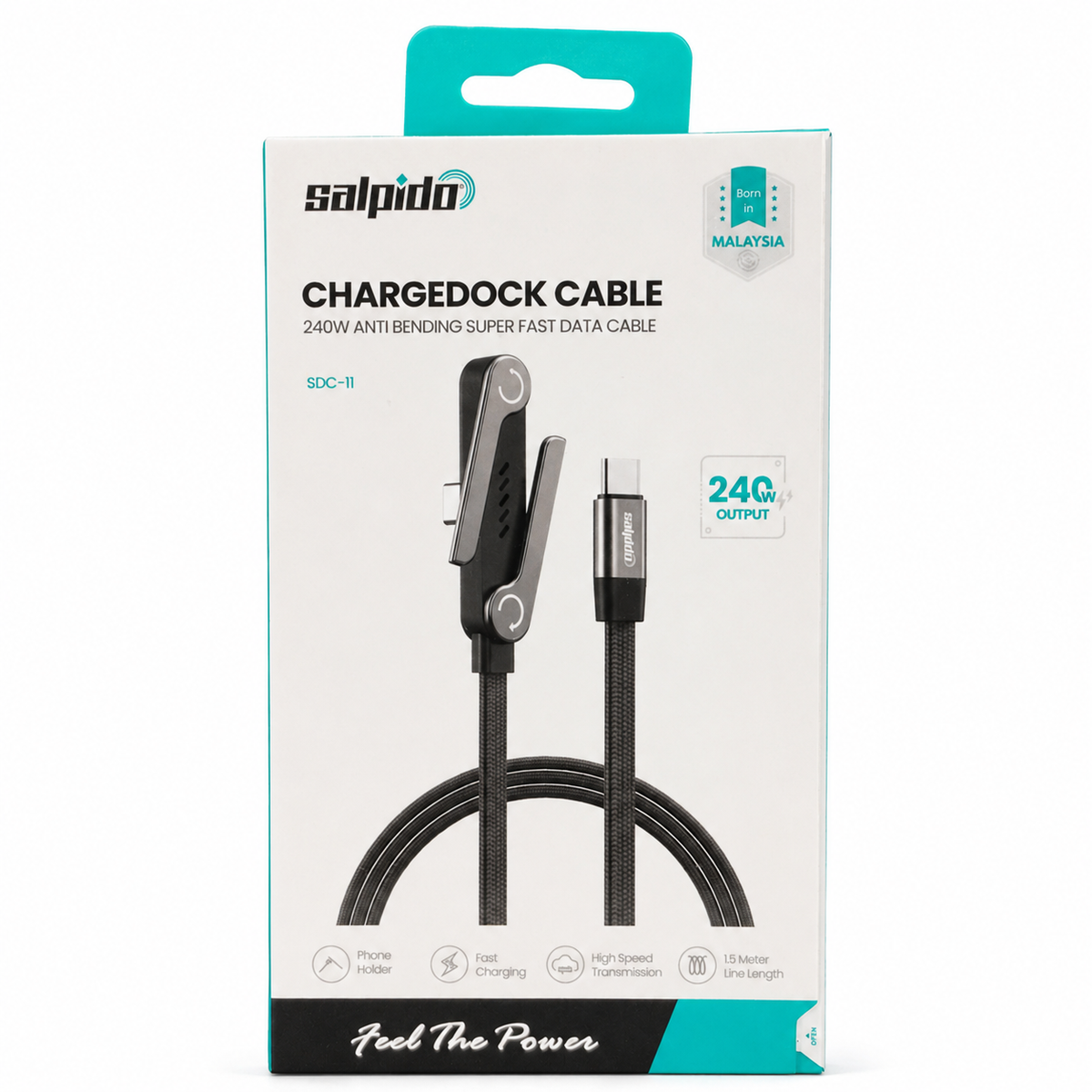 Salpido SDC-11 240W ChargeDock USB-C Cable with Phone Stand 1.5m - Black الصورة الرئيسية