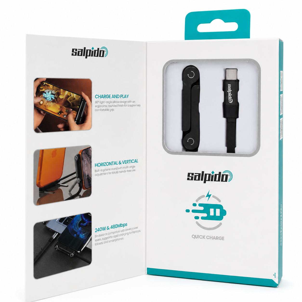 Salpido SDC-11 240W ChargeDock USB-C Cable with Phone Stand 1.5m - Black صورة ثانوية
