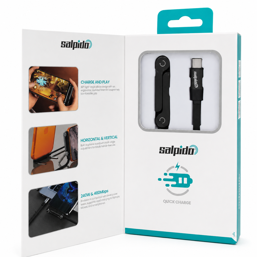 Salpido SDC-11 240W ChargeDock USB-C Cable with Phone Stand 1.5m - Black