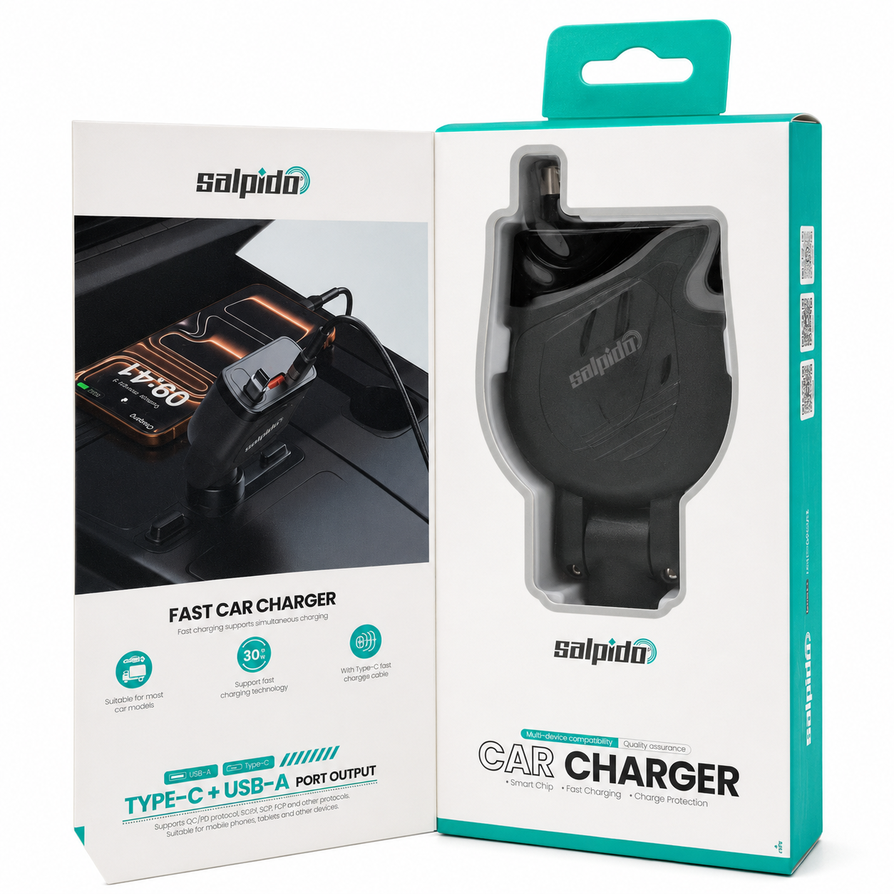 Salpido GD-WC23 90W Car Charger with Retractable USB-C Cable - Black صورة ثانوية