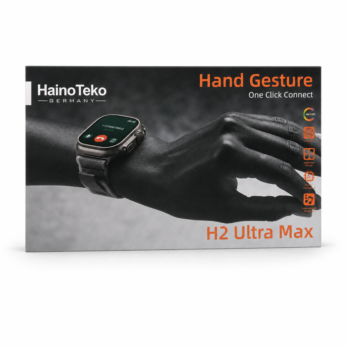 HainoTeko H2 Ultra Max smartwatch packaging box, featuring a hand gesture demonstration on the front with orange and white text on a dark background. الصورة الرئيسية