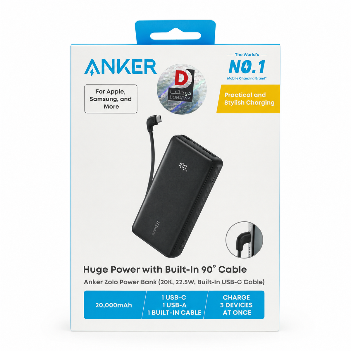 Anker Zolo Power Bank 20000mAh 22.5W with Built-In USB-C Cable - Black الصورة الرئيسية