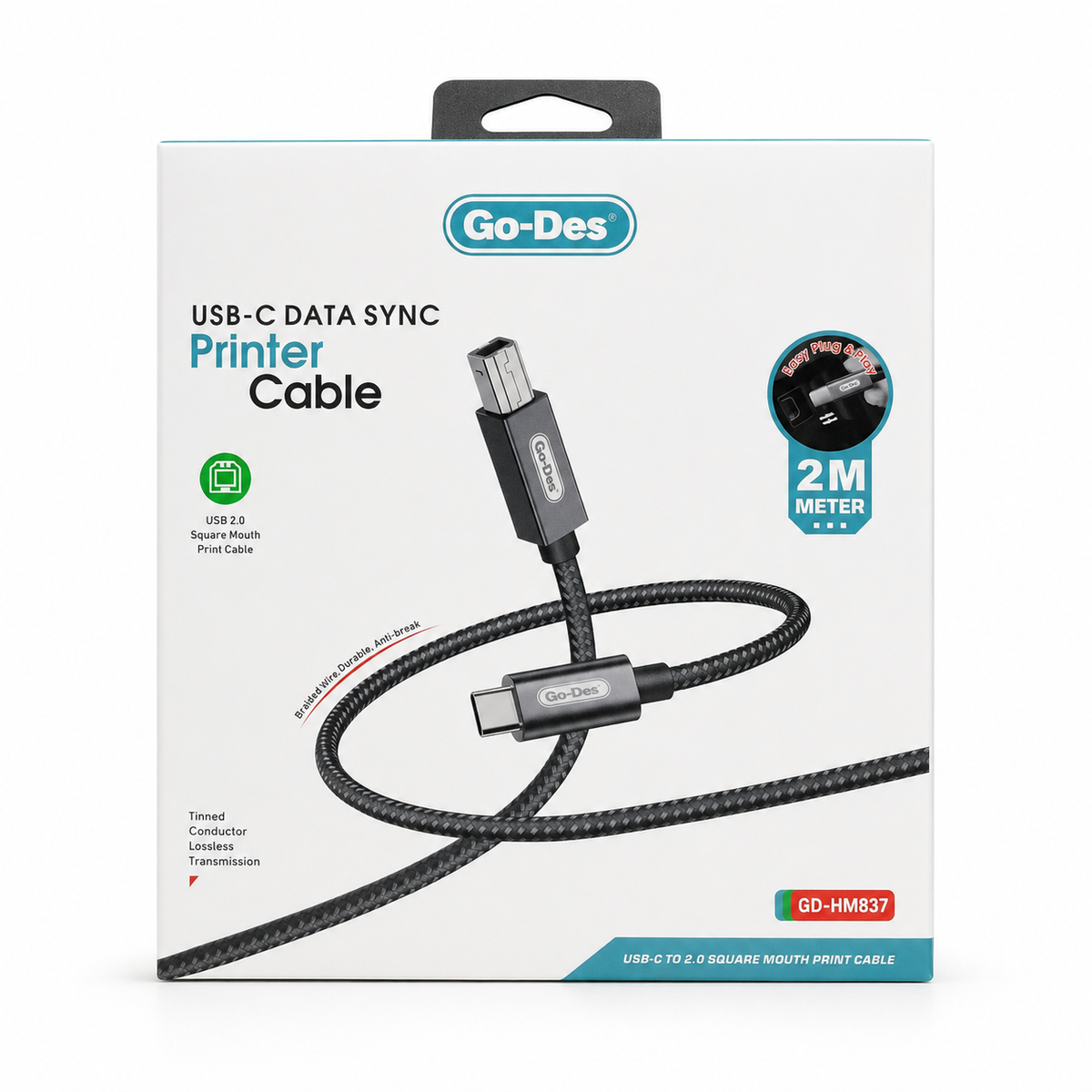 Go-Des GD-HM837 USB-C to USB-B 2.0 Printer Cable 2m - Black الصورة الرئيسية