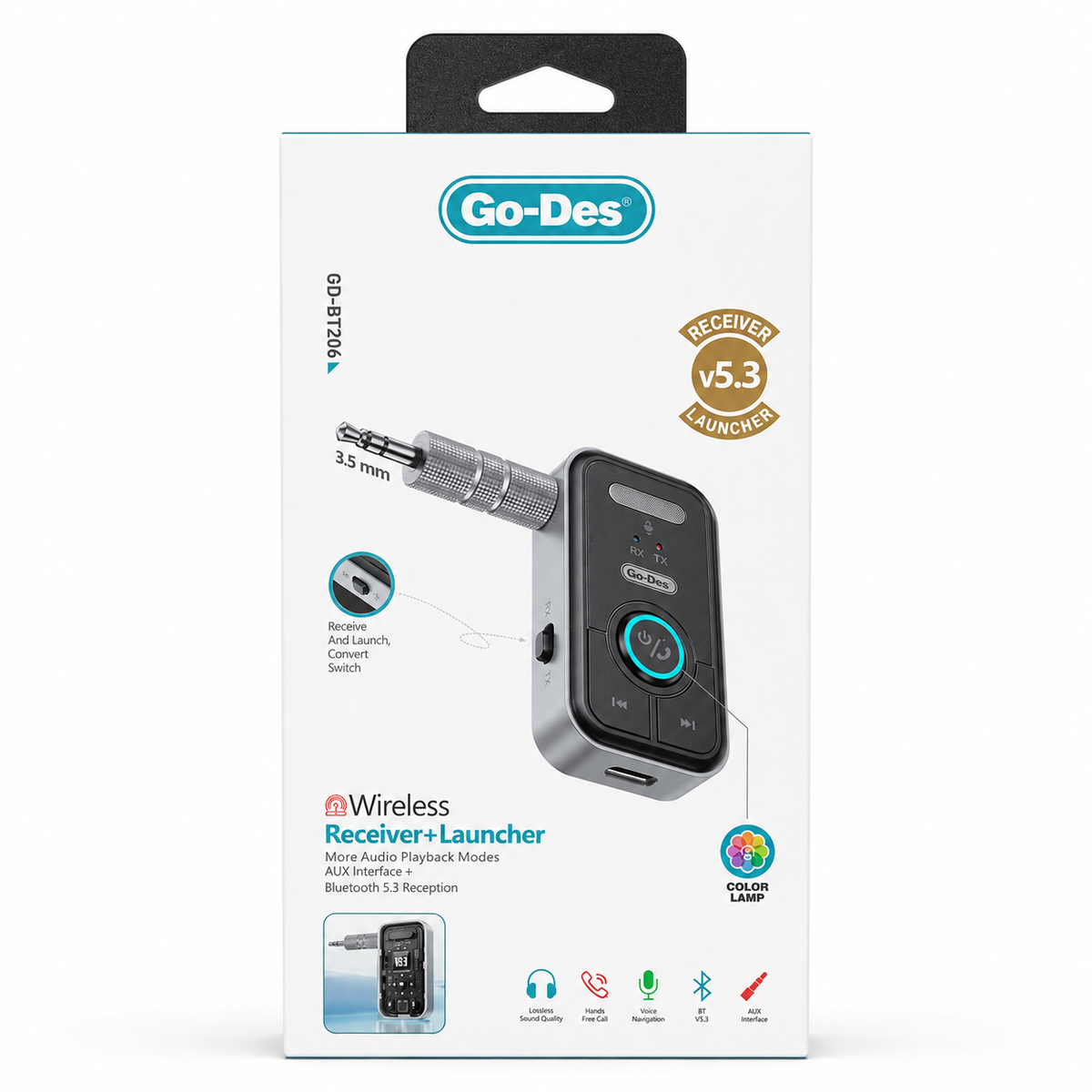 Go-Des GD-BT206 Bluetooth 5.3 AUX Receiver & Transmitter - Black الصورة الرئيسية