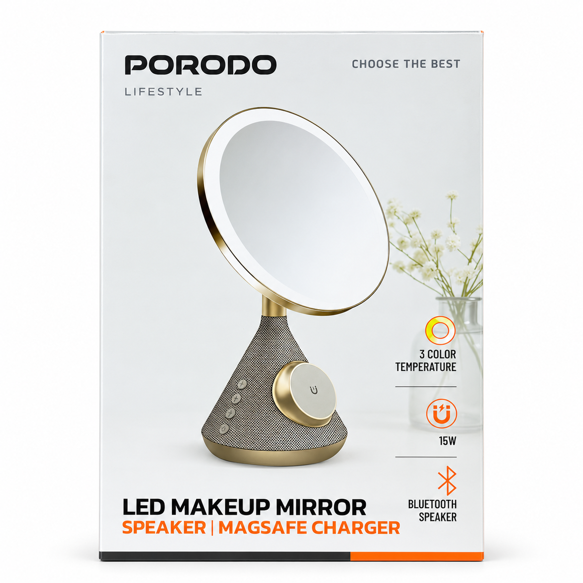 Porodo Lifestyle 3-in-1 LED Makeup Mirror with Bluetooth Speaker & 15W MagSafe Charger