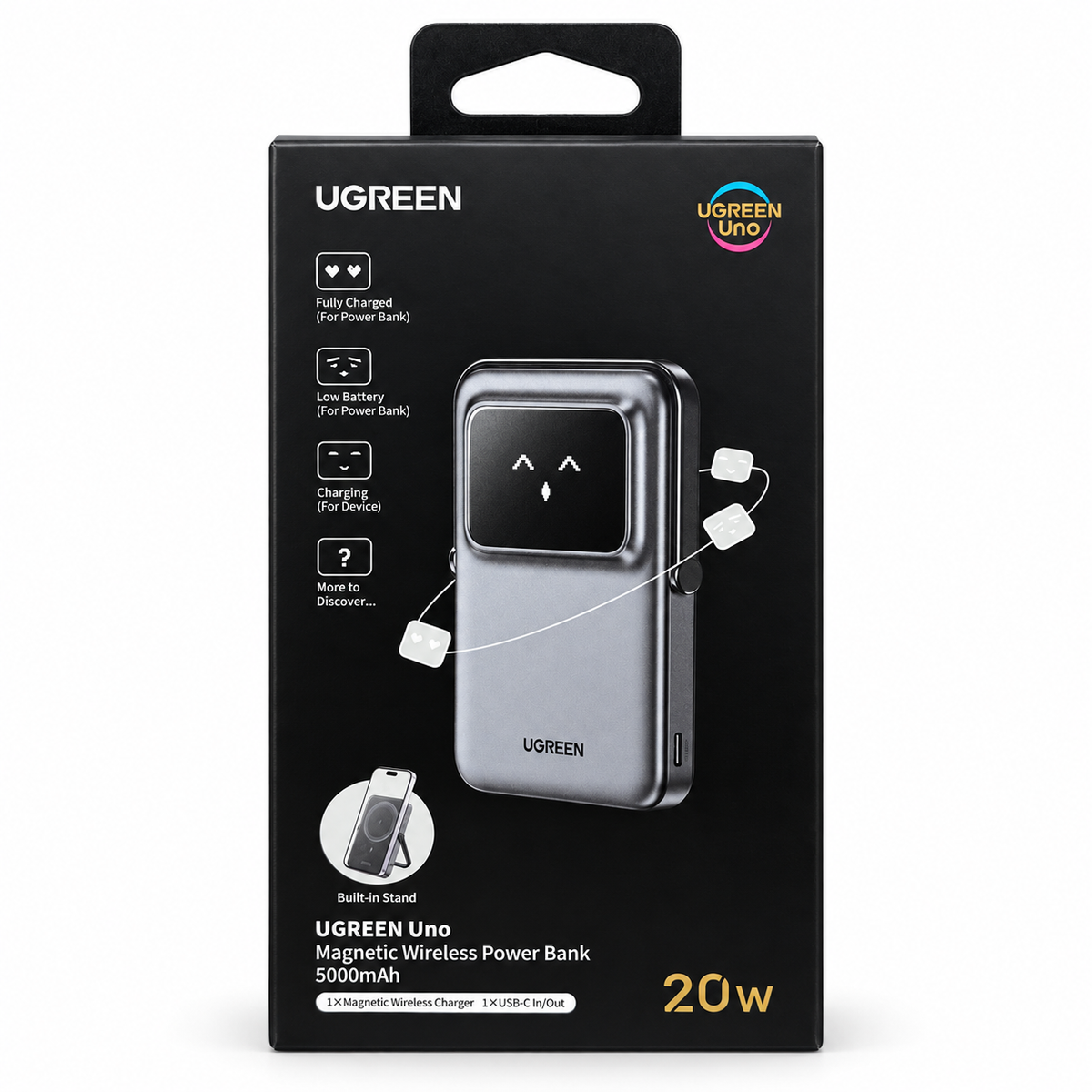 UGREEN Uno 5000mAh Magnetic Wireless Power Bank 20W with Smart TFT Display & Kickstand
