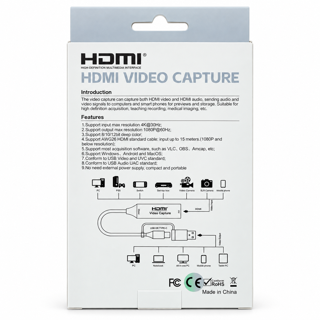 HDMI 4K 30Hz to USB-C & USB-A Portable Video Capture Adapter
