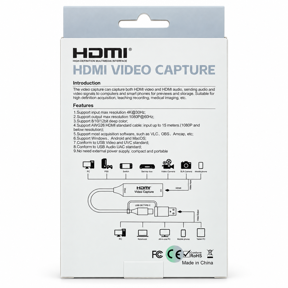 HDMI 4K 30Hz to USB-C & USB-A Portable Video Capture Adapter