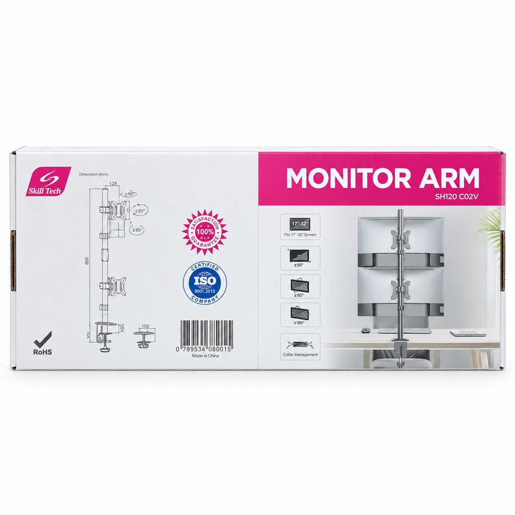 Skill Tech SH120 C02V Vertical Stacked Dual Monitor Desk Mount (17"-32")